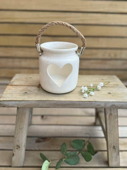 White Heart Tea Light Holder with Rope Handle 10cm