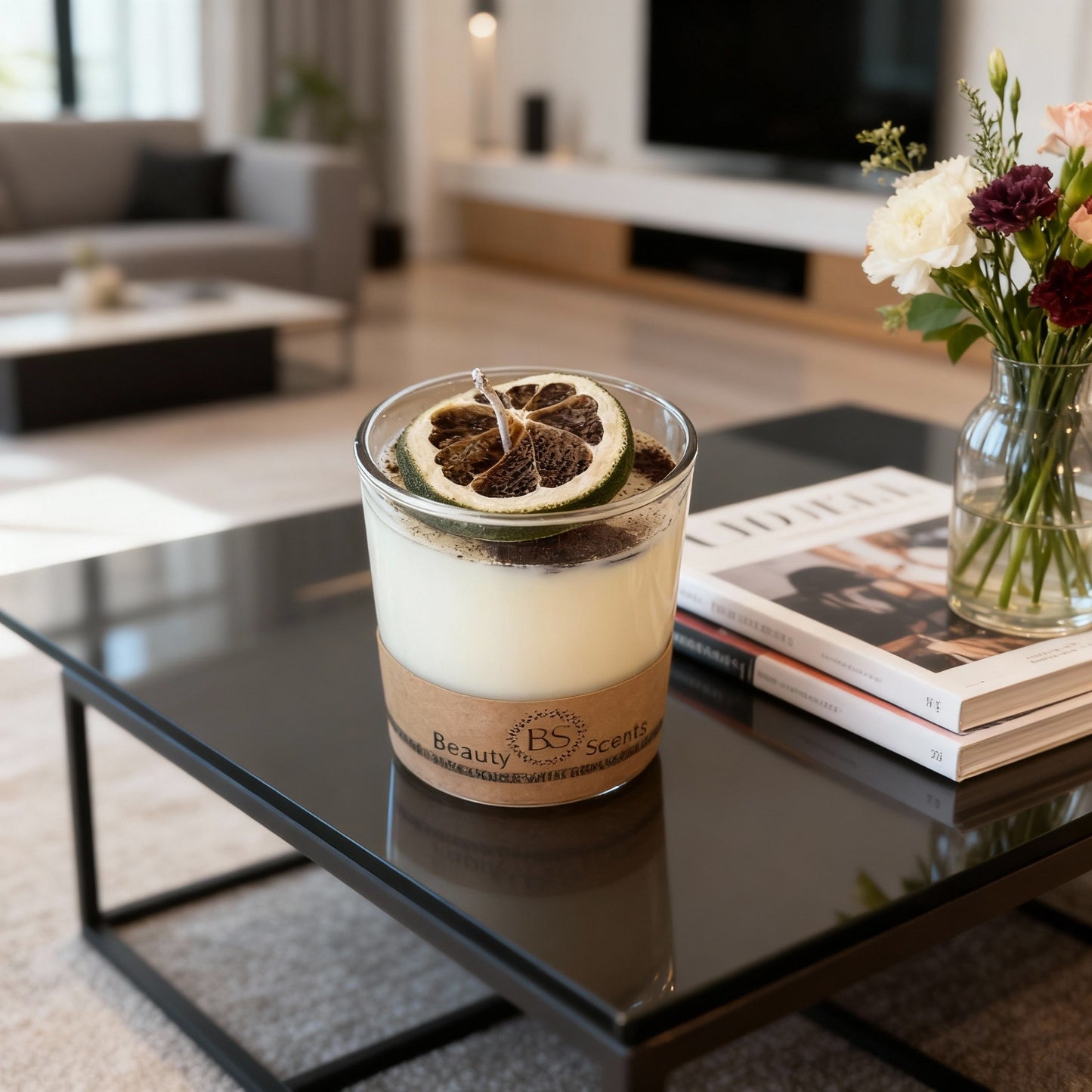 Small Lime and Shredded Cinnamon Scented Candle In Glass Container