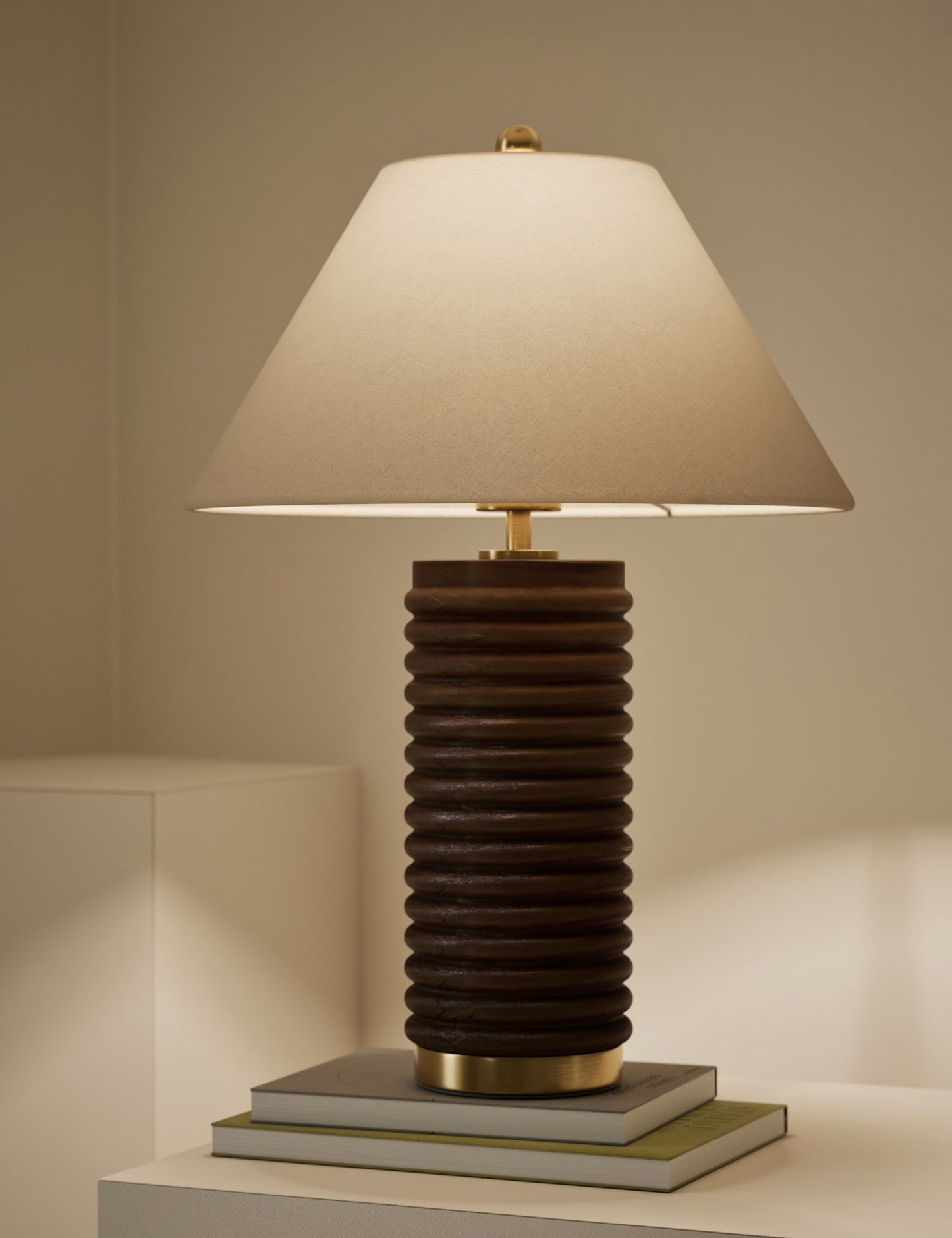 Wooden Ribbed Table Lamp - Brown