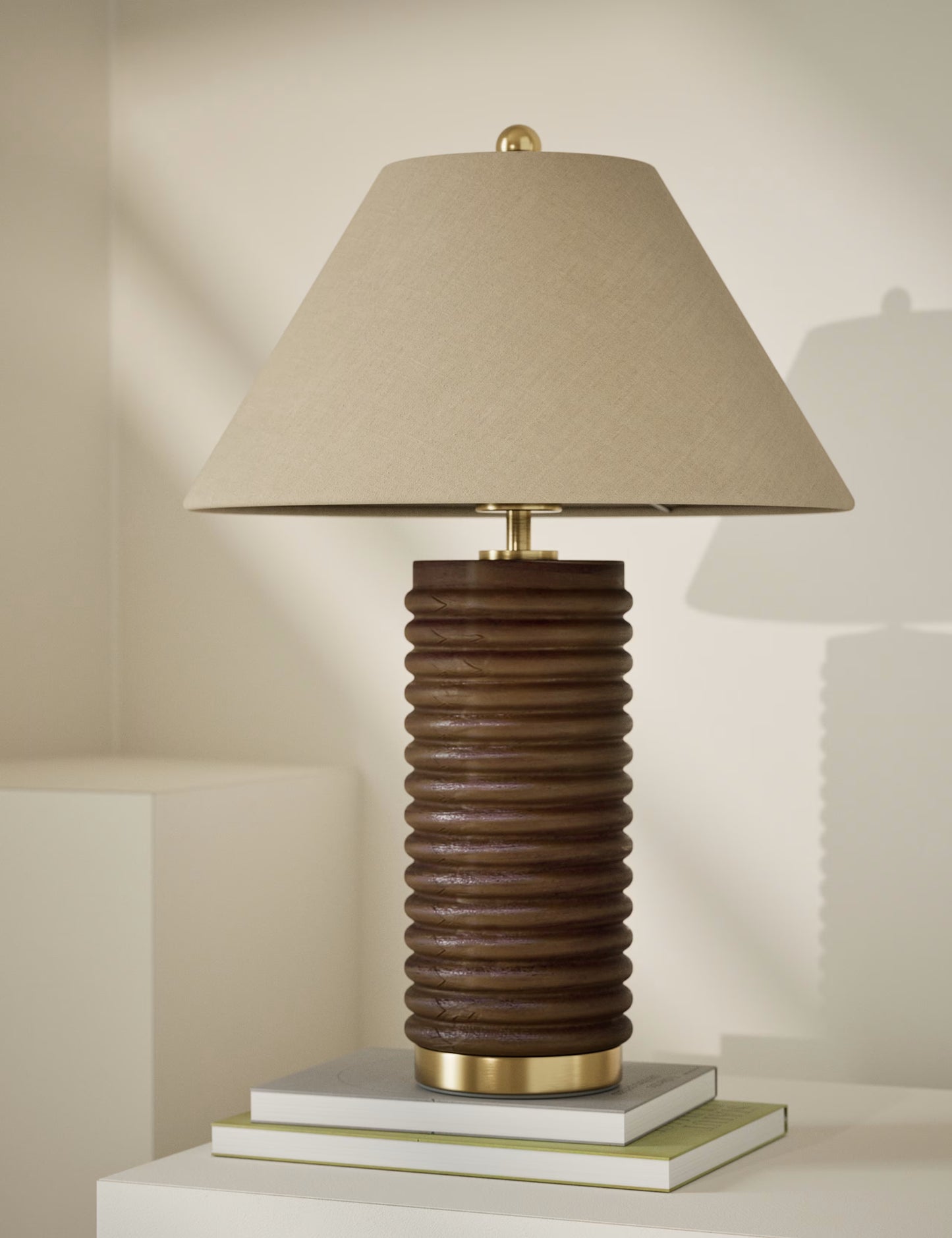 Wooden Ribbed Table Lamp - Brown