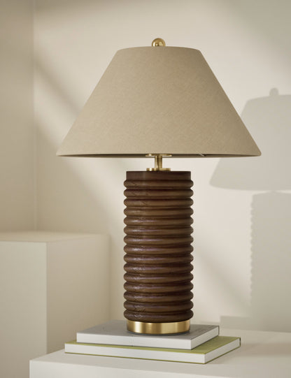 Wooden Ribbed Table Lamp - Brown