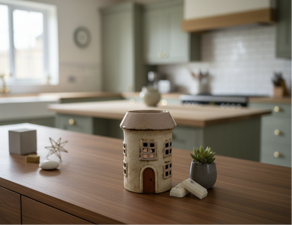 Village Pottery Ceramic Wax Warmer Round House "Windows" Cream