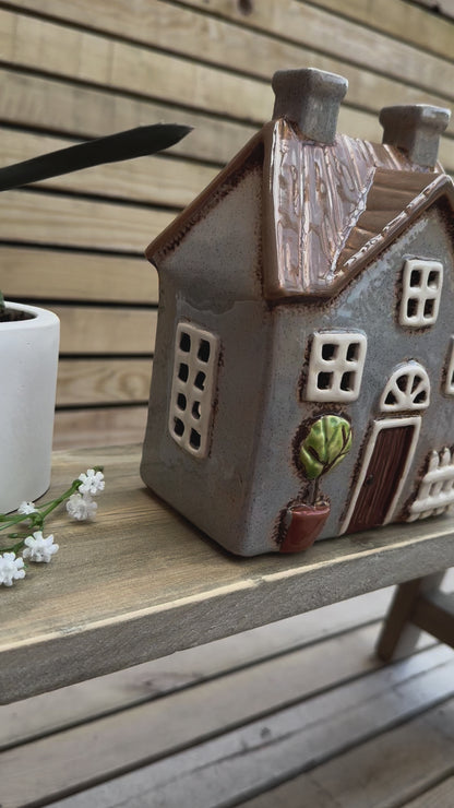 Grey Ceramic House Tealight Holder